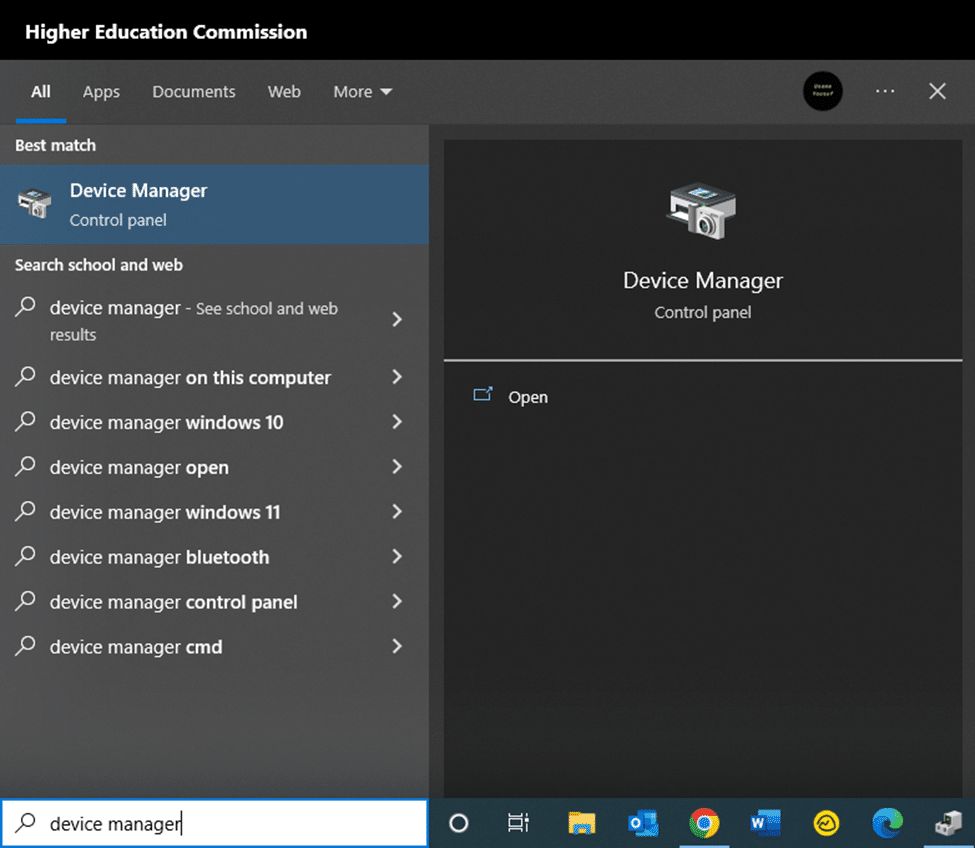 Open device manager from search bar