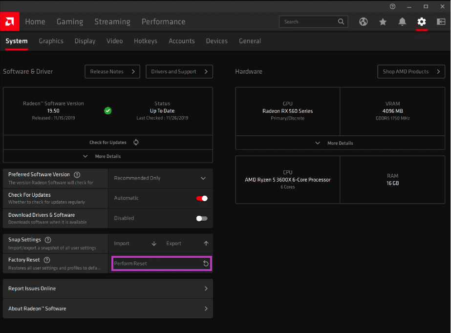 Factory Reset on AMD Radeon Software