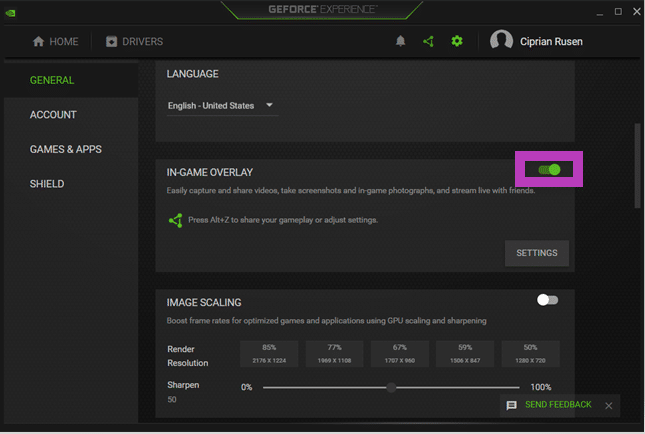 Disable NVIDIA GeForce overlay