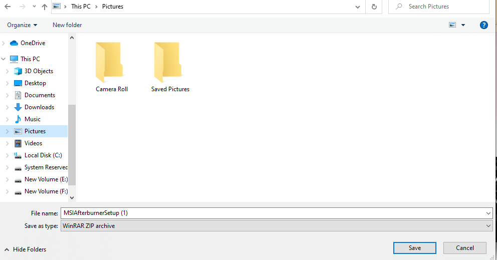 Save the download MSI Afterburner file in specific folder