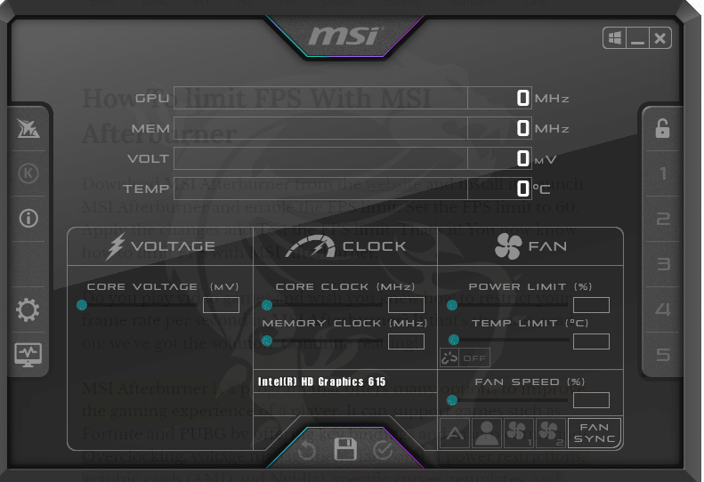 MSI Afterburner dashboard with all controls 